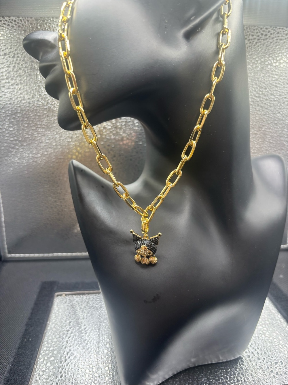 Gold-Tone Link Necklace with Black Cat Pavé Pendant - Picture 4 of 5